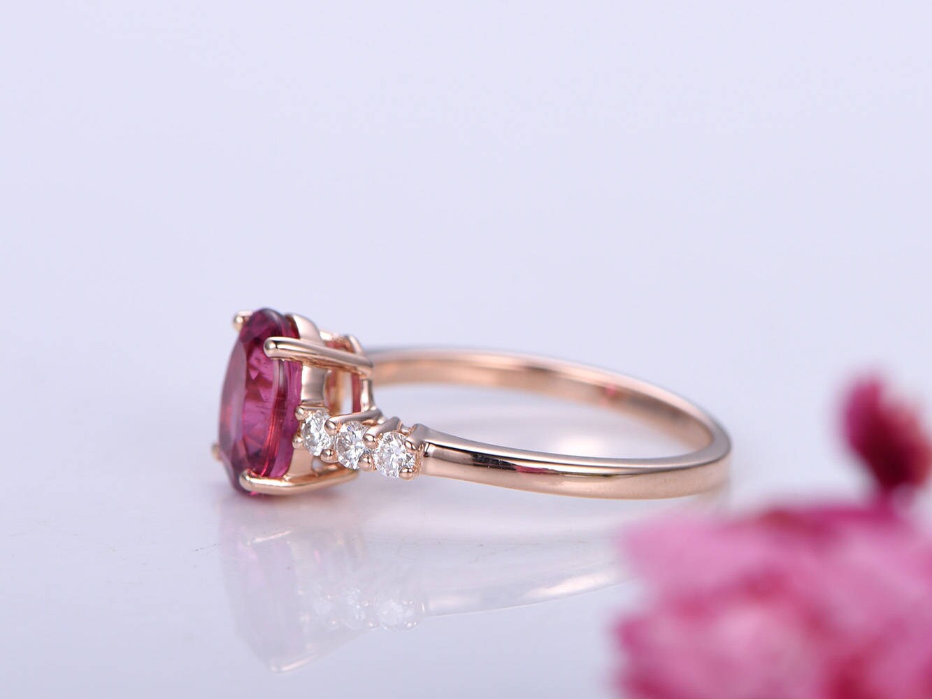 Tourmaline ring 2.13ct oval shape pink tourmaline ring full cut diamonds band bridal ring anniversary ring custom jewelry 14k rose gold