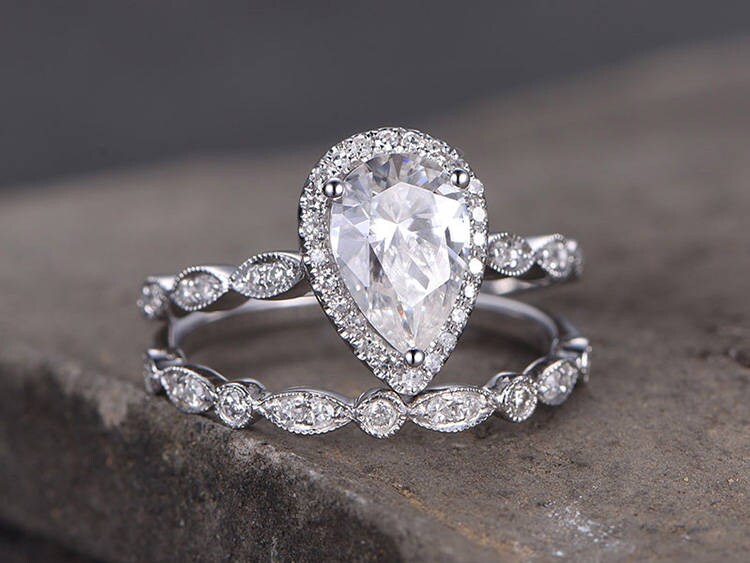 Pear shaped  silver ring set/Cubic Zirconia wedding band/CZ Engagement ring/stack ring/2PC Matching Ring/Marquise band/White gold plated
