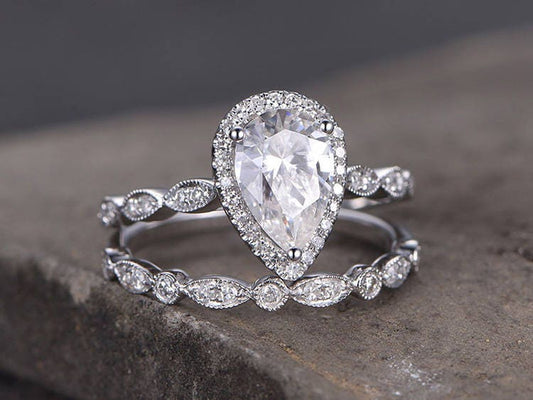 Pear shaped  silver ring set/Cubic Zirconia wedding band/CZ Engagement ring/stack ring/2PC Matching Ring/Marquise band/White gold plated
