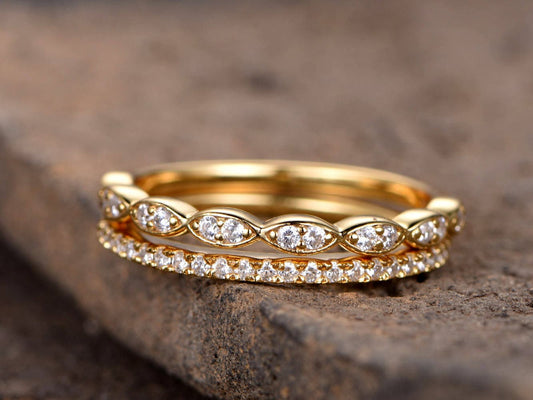 Art deco wedding band/Silver CZ wedding band/Diamond eternity band/stacking rings/2PCS Matching band/Half eternity/Yellow gold plated