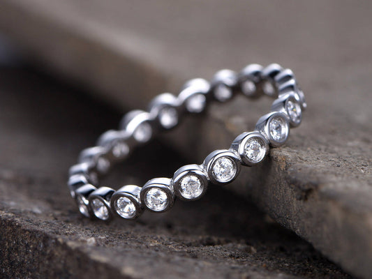 Bezel set Diamond Eternity Band Sterling Silver CZ Wedding Ring Bubble Stackable Ring Matching Band Full Eternity White Gold Plated