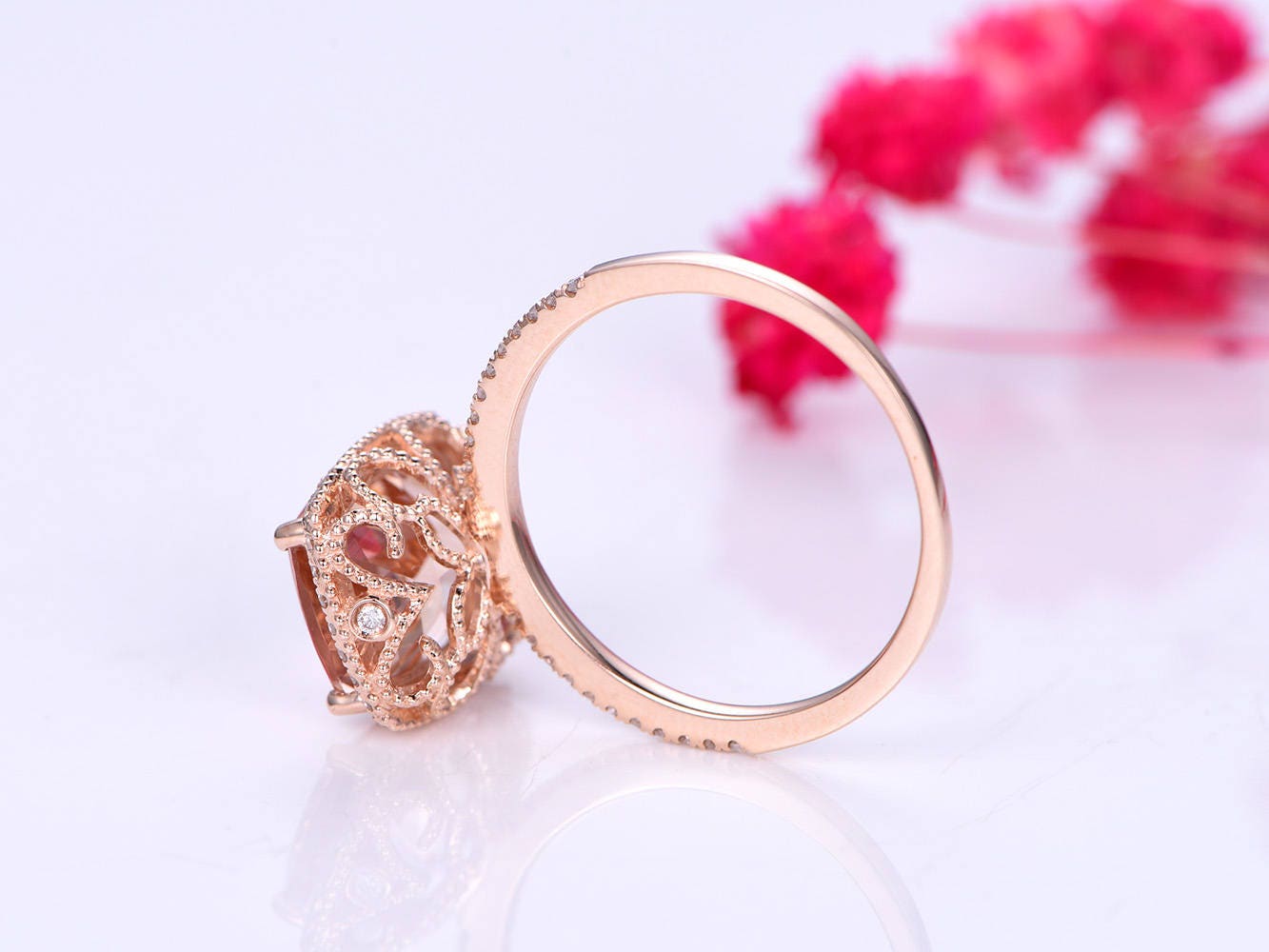 5ct Morganite engagement ring pink morganite ring big cushion shape natural gemstone with thin diamond wedding band solid 14k rose gold