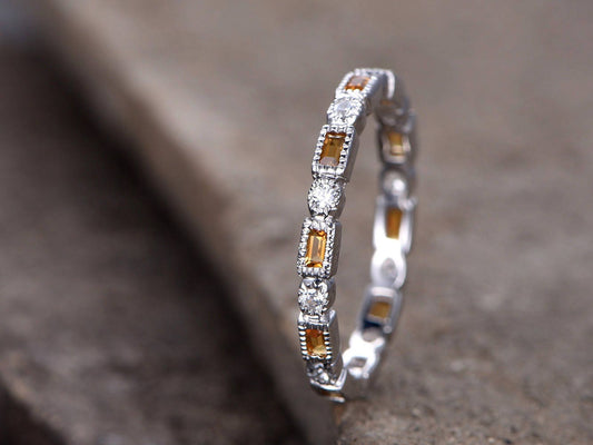 Citrine Wedding Ring CZ Diamond Eternity Band November Birthstone Art Deco Unique Wedding Band White Gold plated Stacking Matching Band