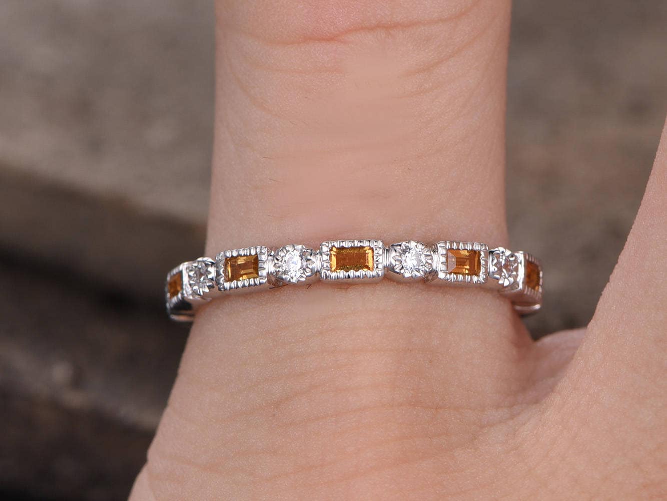 Citrine Wedding Ring CZ Diamond Eternity Band November Birthstone Art Deco Unique Wedding Band White Gold plated Stacking Matching Band