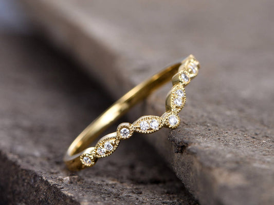 V Ring Curve Wedding Band Art Deco Ring Chevron Diamond Ring Sterling Silver CZ Wedding Ring Yellow Gold Plated Stackable Matching Band