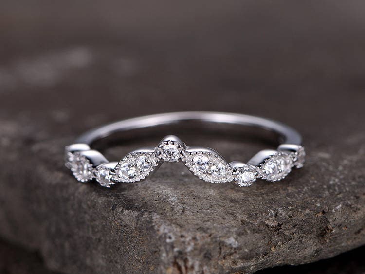 Sterling silver ring/Cubic Zirconia wedding band/CZ wedding ring/stackable ring/Matching band/marquise band/Curved Sharp V shape gap ring