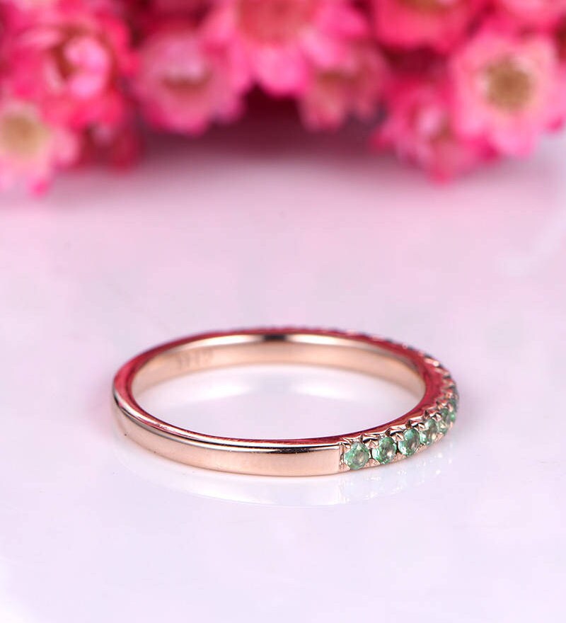Wedding band emerald ring natural emerald wedding ring half eternity ring solid 14k rose gold stacking ring matching band bridal ring
