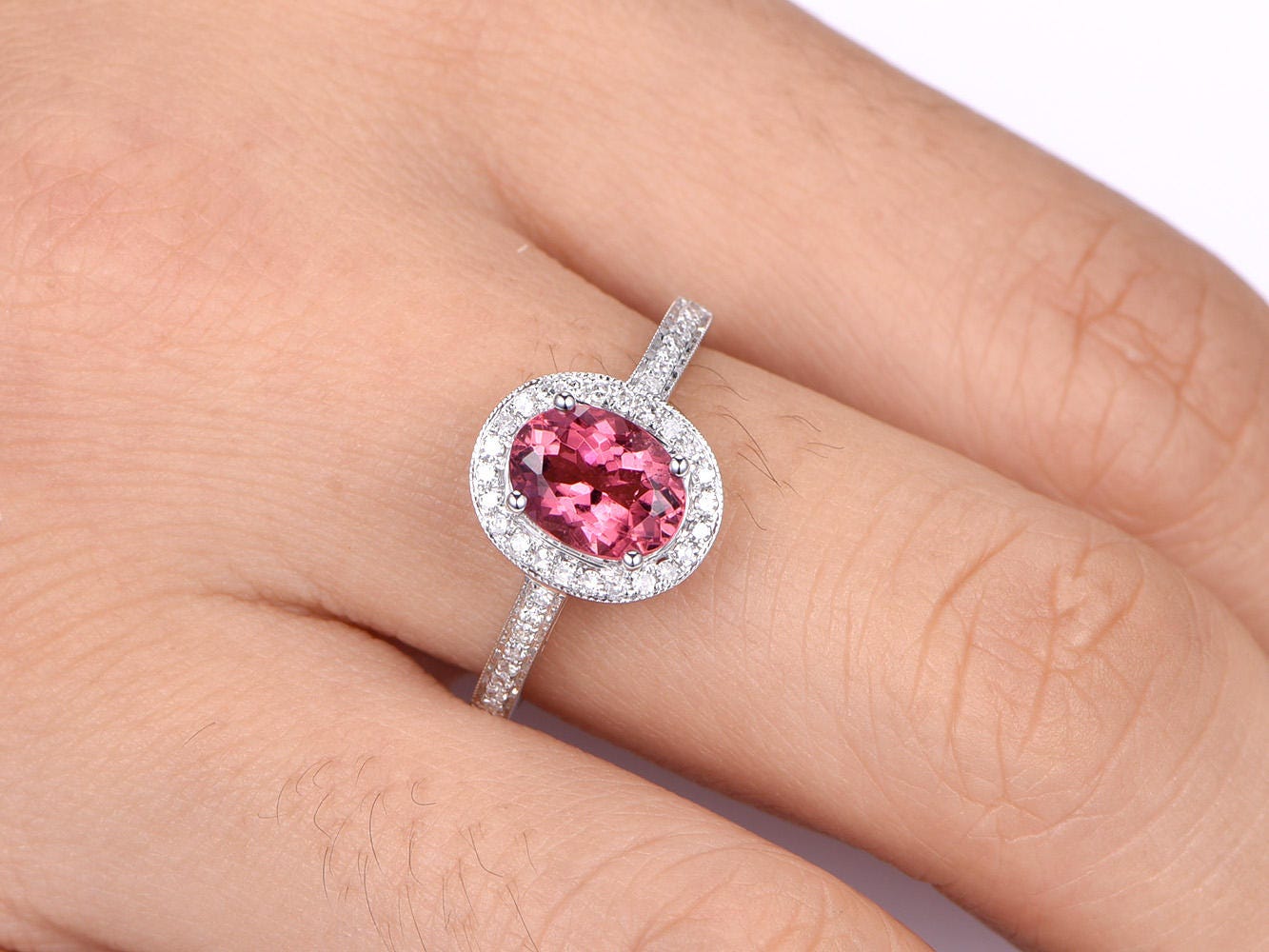Tourmaline ring 1.3ct pink tourmaline engagement ring diamond wedding band diamond ring natural gemstone solid 14k rose gold