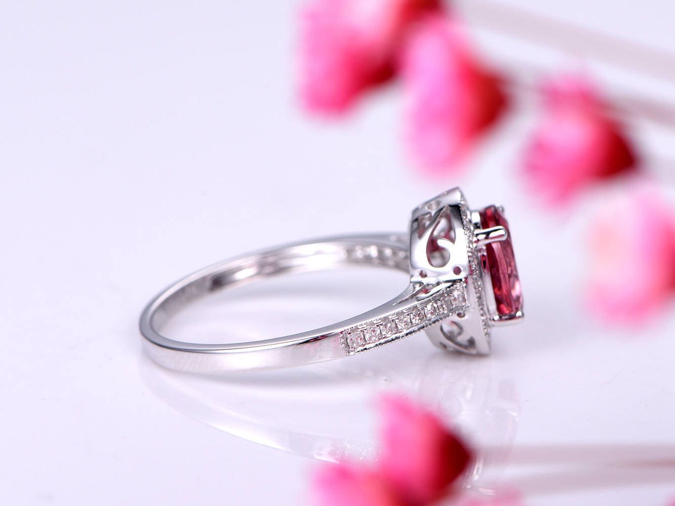 Tourmaline ring 1.3ct pink tourmaline engagement ring diamond wedding band diamond ring natural gemstone solid 14k rose gold