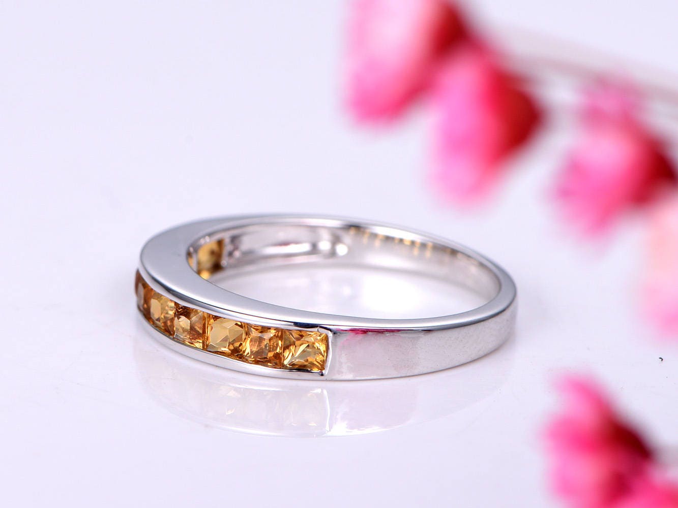 Citrine ring citrine wedding band natural birthstone ring solid 14k white gold matching band stacking ring bezel set men's ring