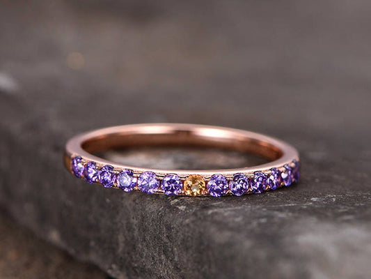 Natural Citrine & Amethyst Sterling silver ring/Bridal wedding ring/stackable ring/Engagement Matching band/Rose gold plated/Half Eternity