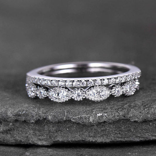 Sterling silver ring SET/Cubic Zirconia wedding band/CZ wedding ring/stack ring/2PCS Matching band/Half eternity ring/White gold plated