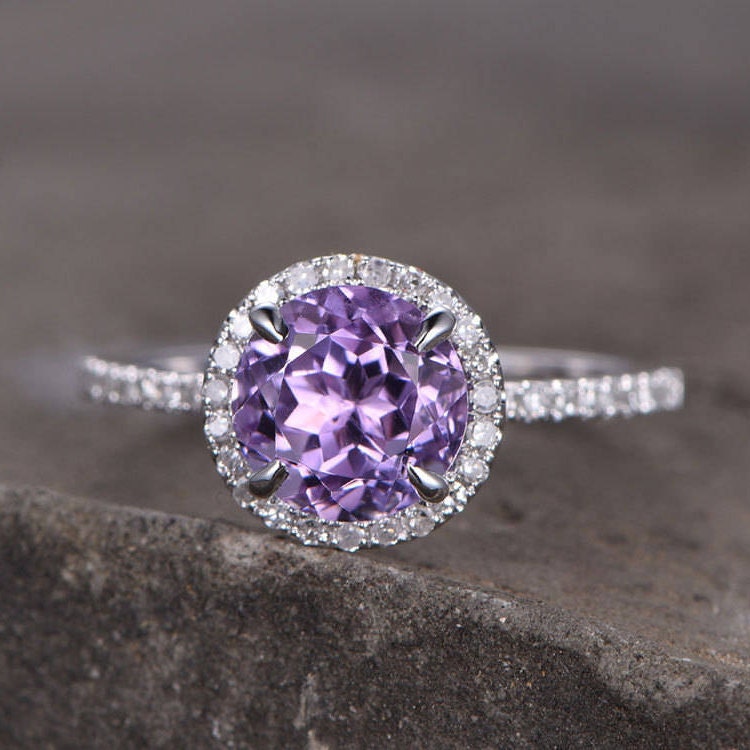 Amethyst Ring, Amethyst CZ Wedding Ring Set, Natural Round Cut Amethyst Engagement Ring, CZ Diamond Twist Band, Bridal Set, Anniversary Gift