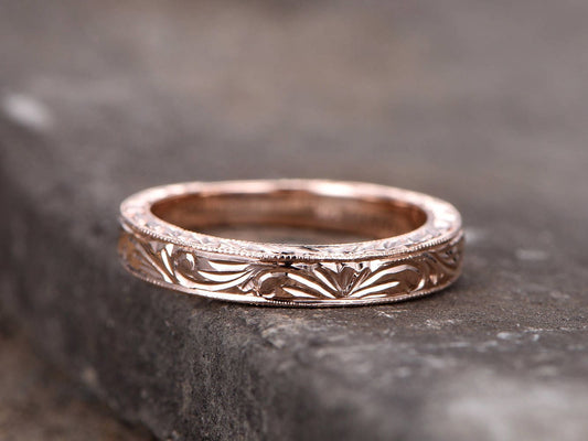 Vintage Filigree Wedding Band Stacking RingMilgrain Floral Design Rose Gold Plated Sterling Silver Anniversary Ring