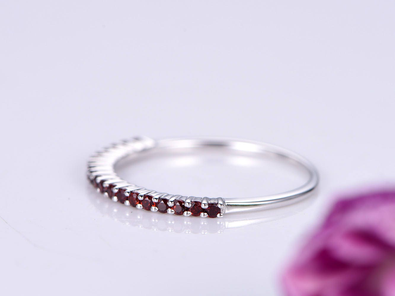 Garnet ring garnet wedding band matching band natural gemstone ring stacking ring prong set 14k white gold promise ring anniversary ring