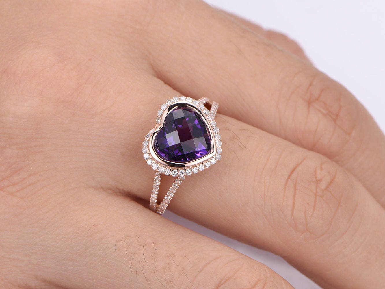 Heart shape amethyst ring 3.75ct natural amethyst engagement ring diamond ring split shank diamond wedding band 14k rose gold Christmas gift