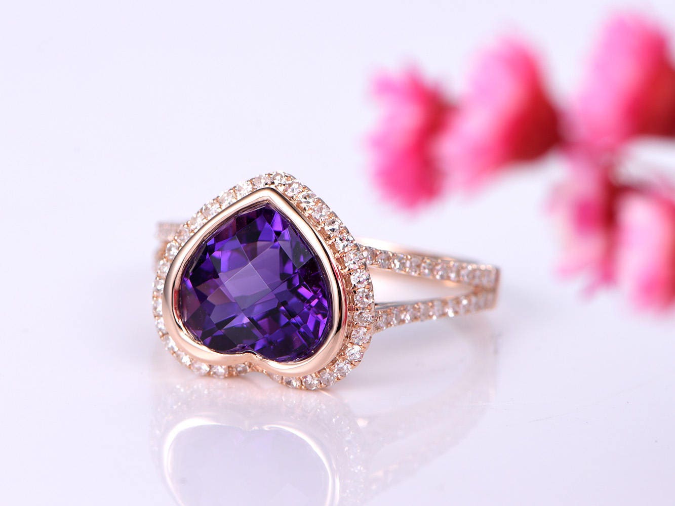 Heart shape amethyst ring 3.75ct natural amethyst engagement ring diamond ring split shank diamond wedding band 14k rose gold Christmas gift