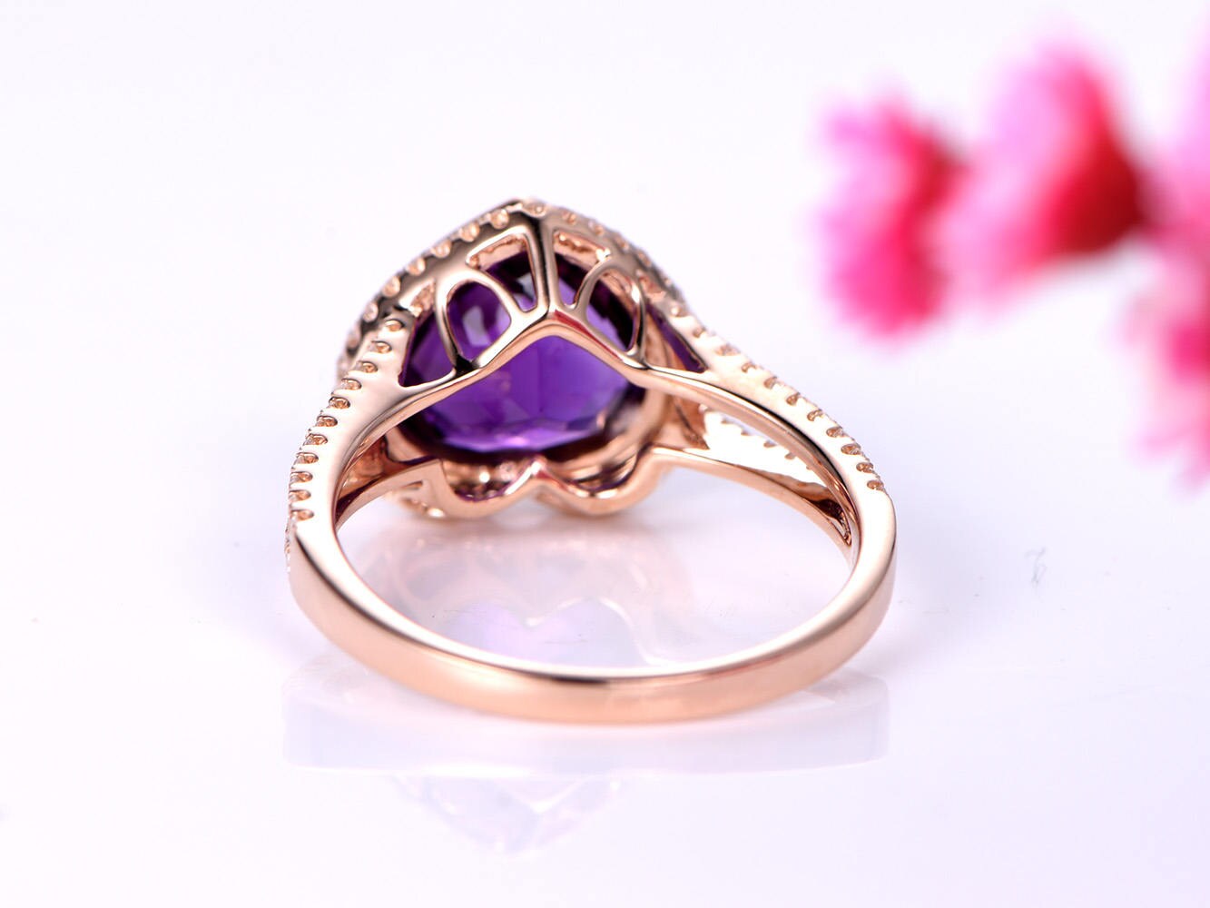 Heart shape amethyst ring 3.75ct natural amethyst engagement ring diamond ring split shank diamond wedding band 14k rose gold Christmas gift
