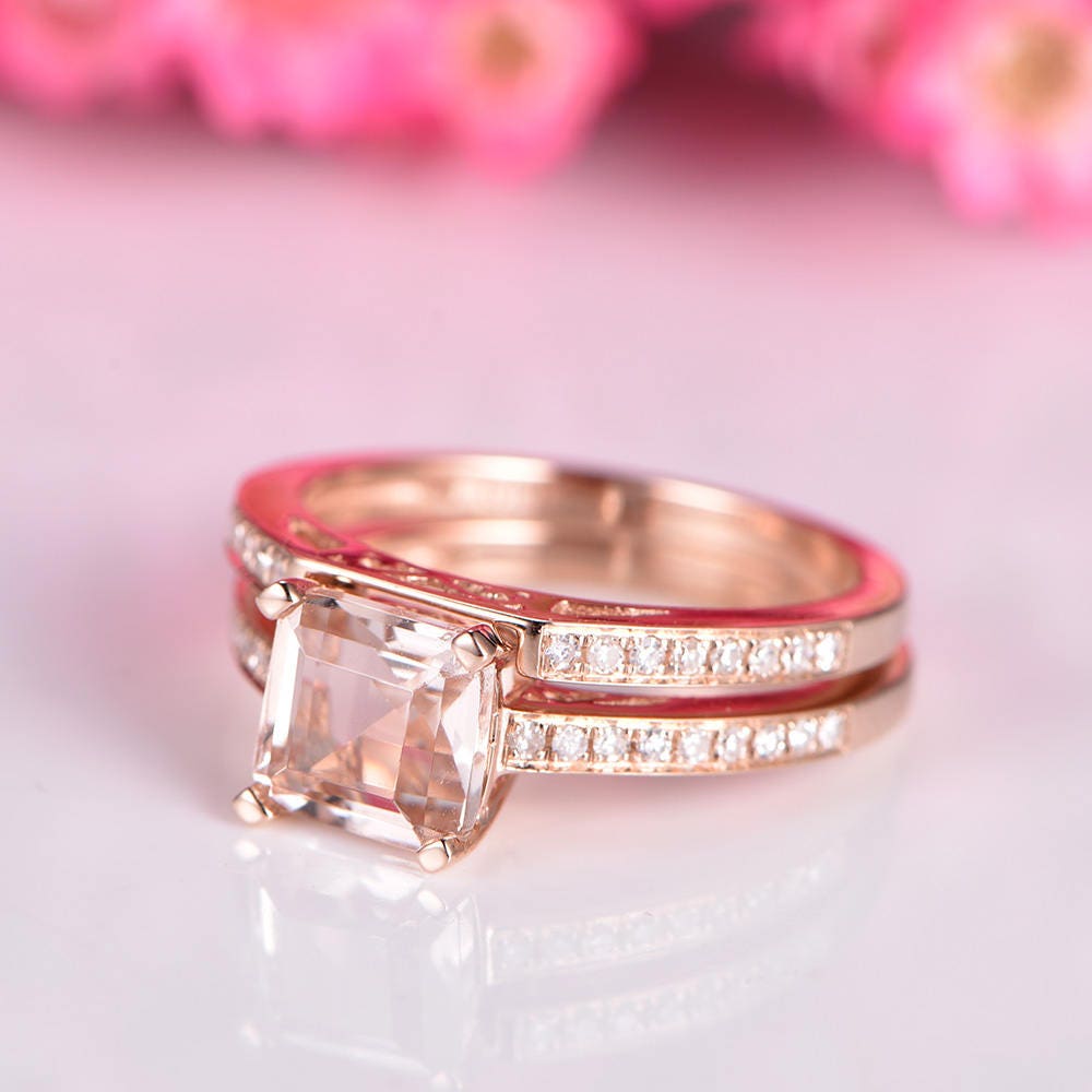 Morganite engagement ring set asscher cut morganite ring natural gemstone half eternity diamond matching band stacking ring 14k rose gold