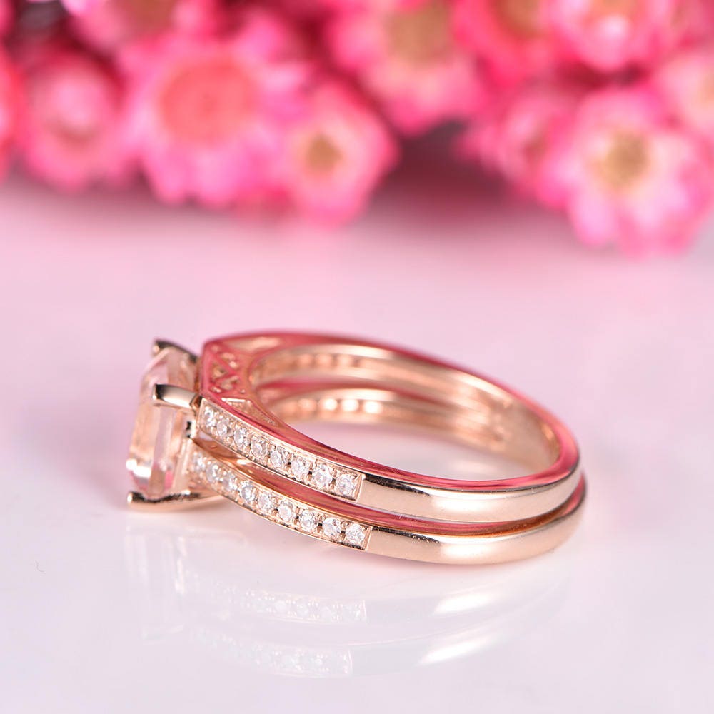 Morganite engagement ring set asscher cut morganite ring natural gemstone half eternity diamond matching band stacking ring 14k rose gold