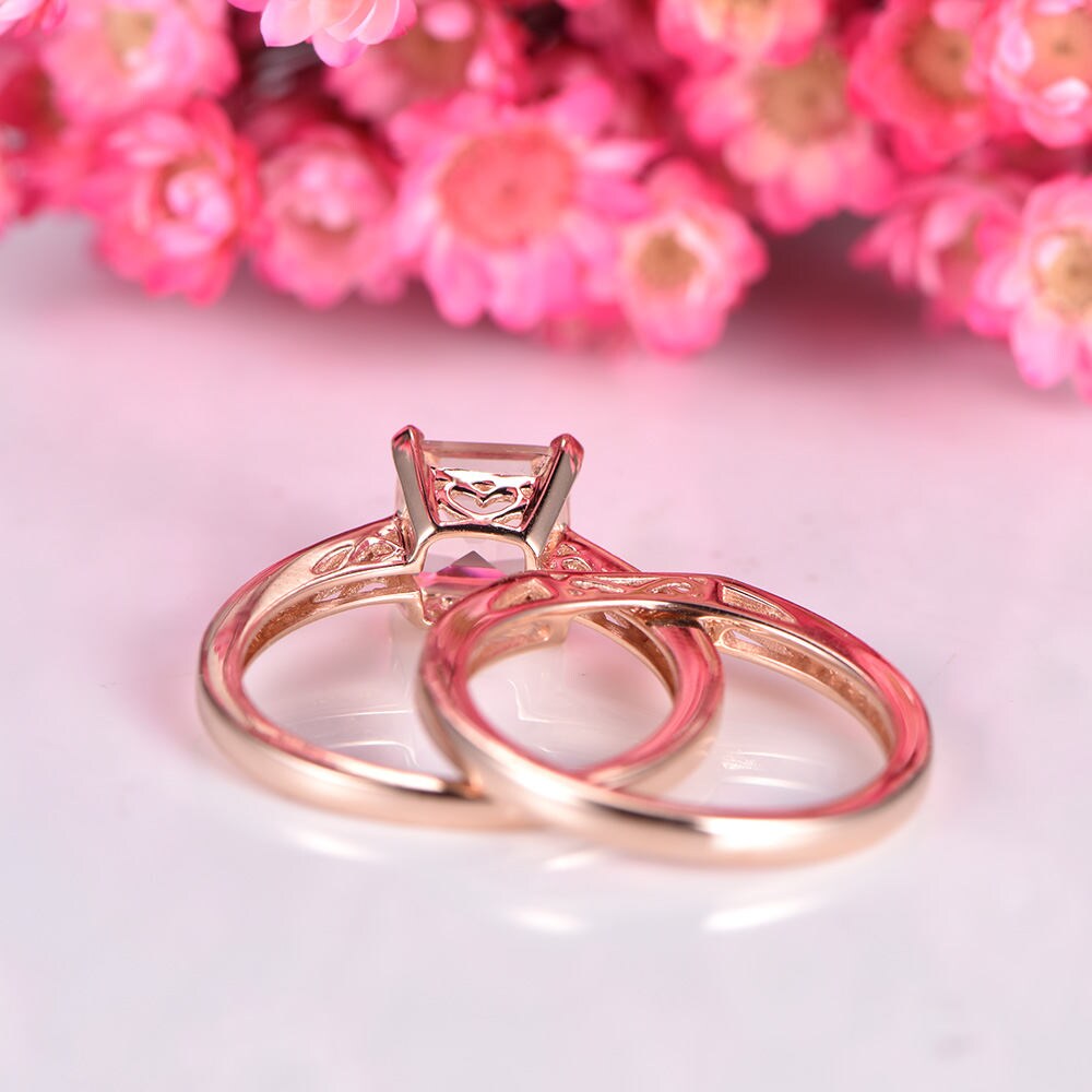 Morganite engagement ring set asscher cut morganite ring natural gemstone half eternity diamond matching band stacking ring 14k rose gold
