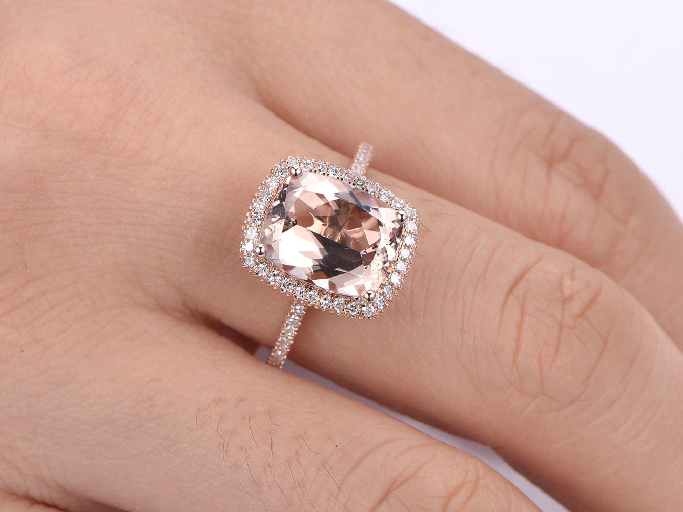5ct Morganite engagement ring pink morganite ring big cushion shape natural gemstone with thin diamond wedding band solid 14k rose gold