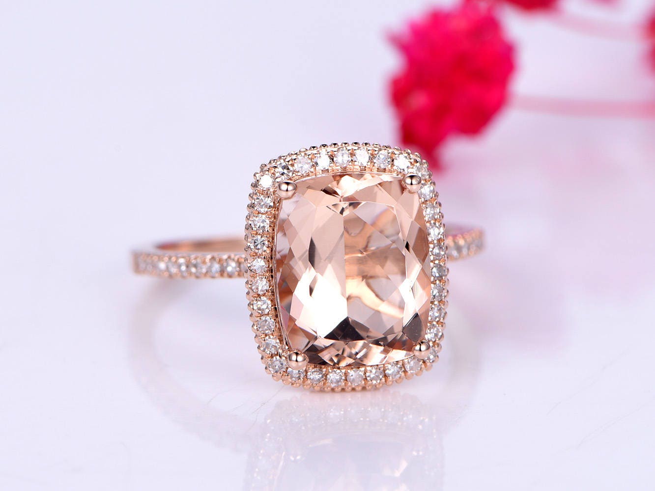 5ct Morganite engagement ring pink morganite ring big cushion shape natural gemstone with thin diamond wedding band solid 14k rose gold