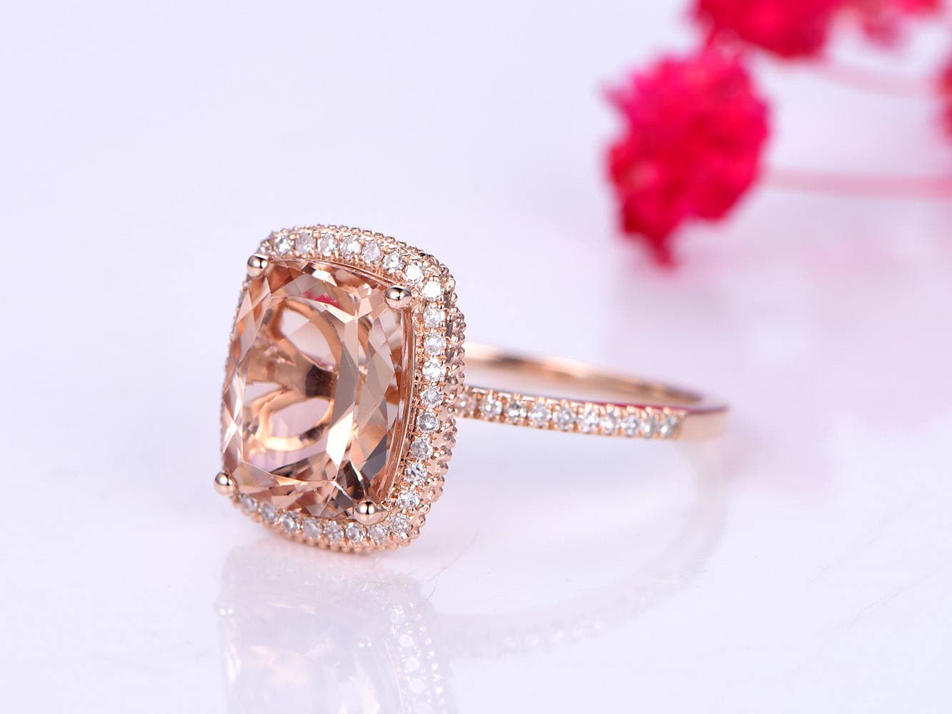 5ct Morganite engagement ring pink morganite ring big cushion shape natural gemstone with thin diamond wedding band solid 14k rose gold