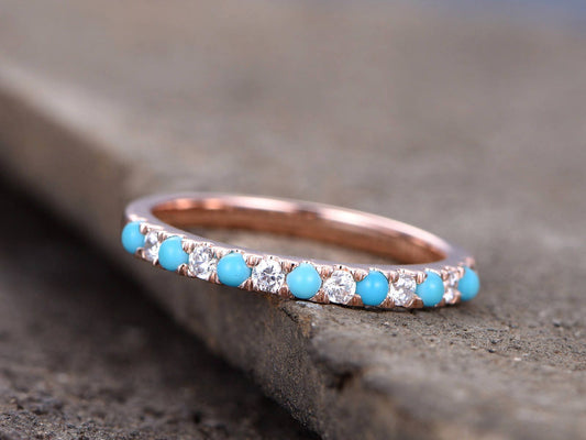 Tiny Turquoise Ring/Turquoise wedding ring/CZ Diamond Eternity band/Half eternity/Sterling silver/Rose gold plated/Anniversary/Matching band