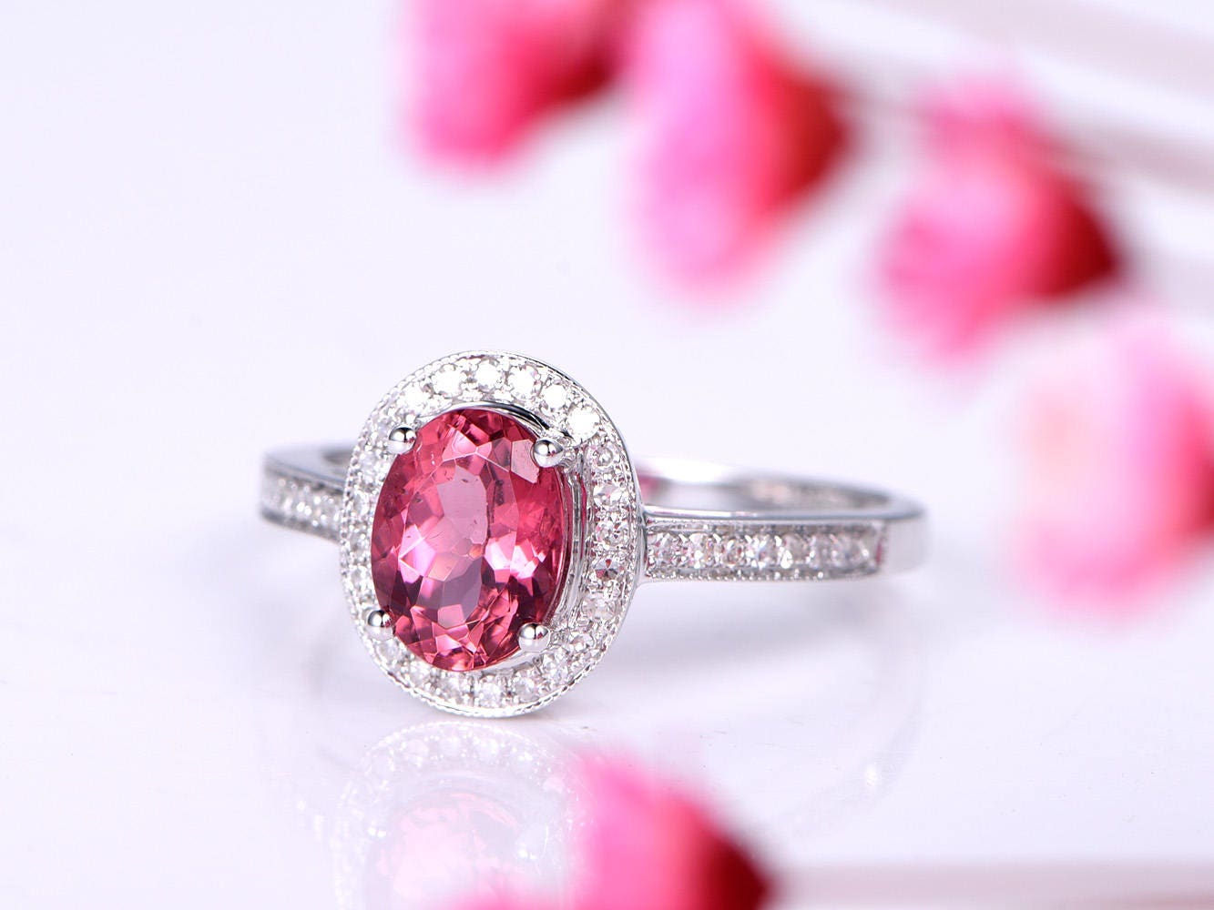 Tourmaline ring 1.3ct pink tourmaline engagement ring diamond wedding band diamond ring natural gemstone solid 14k rose gold