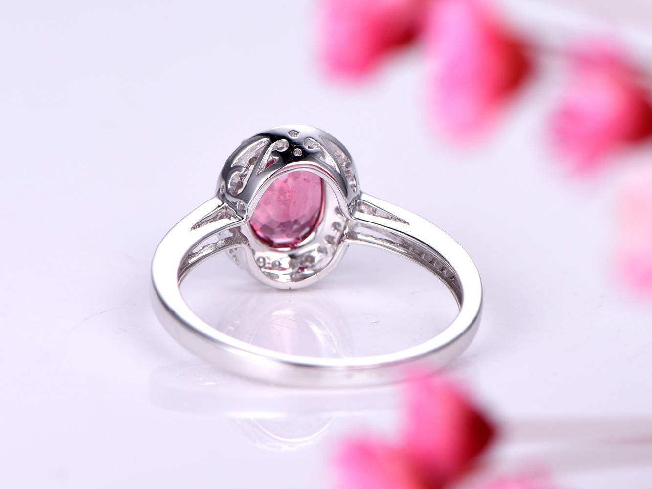 Tourmaline ring 1.3ct pink tourmaline engagement ring diamond wedding band diamond ring natural gemstone solid 14k rose gold