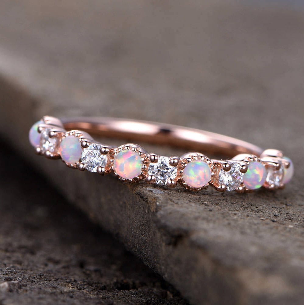 Opal Wedding Ring/Opal ring/Opal Wedding Band/Rose Gold Plated/Sterling Silver/CZ Diamond Enternity band/Vintage Opal Diamond Ring/