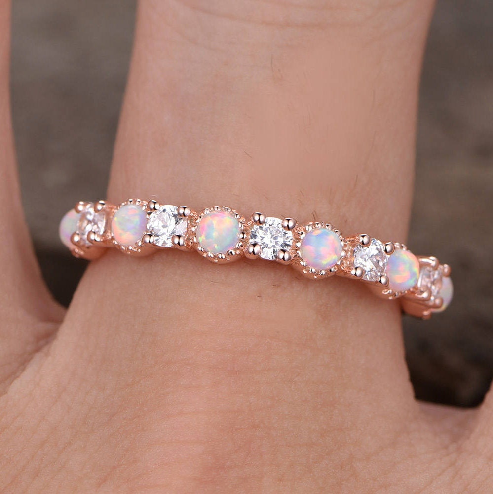 Opal Wedding Ring/Opal ring/Opal Wedding Band/Rose Gold Plated/Sterling Silver/CZ Diamond Enternity band/Vintage Opal Diamond Ring/