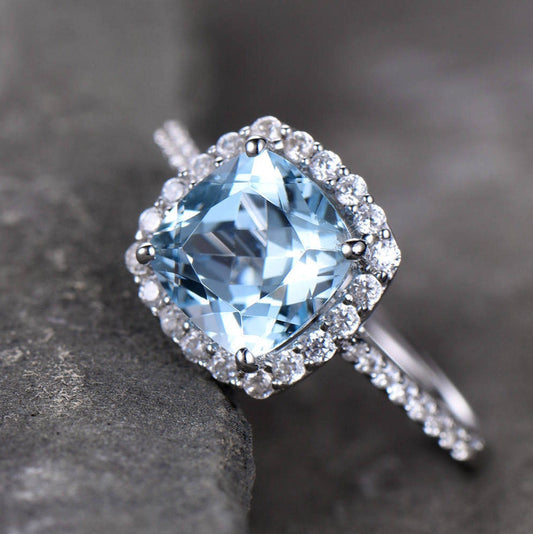 Blue Topaz Engagement Ring 8mm Cushion Cut Blue Gemstone Promise Ring CZ Pave Set 925 Sterling Silver Bridal Ring White Gold Plated