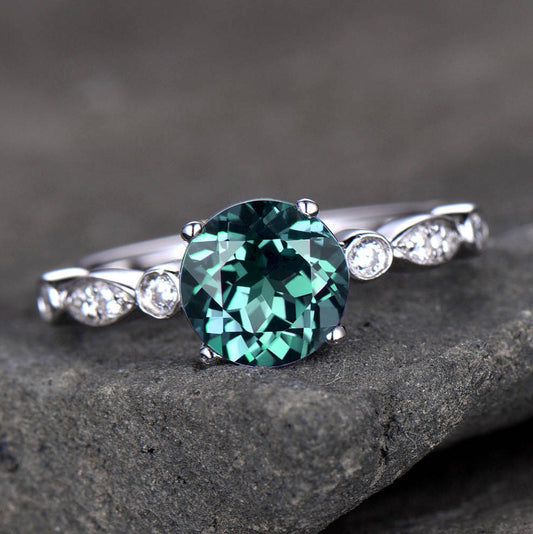 Alexandrite Engagement Ring Art Deco Wedding Band 6.5mm Round Cut Color Change Gemstone Solitaire Ring White Gold Plated Silver Bridal Ring