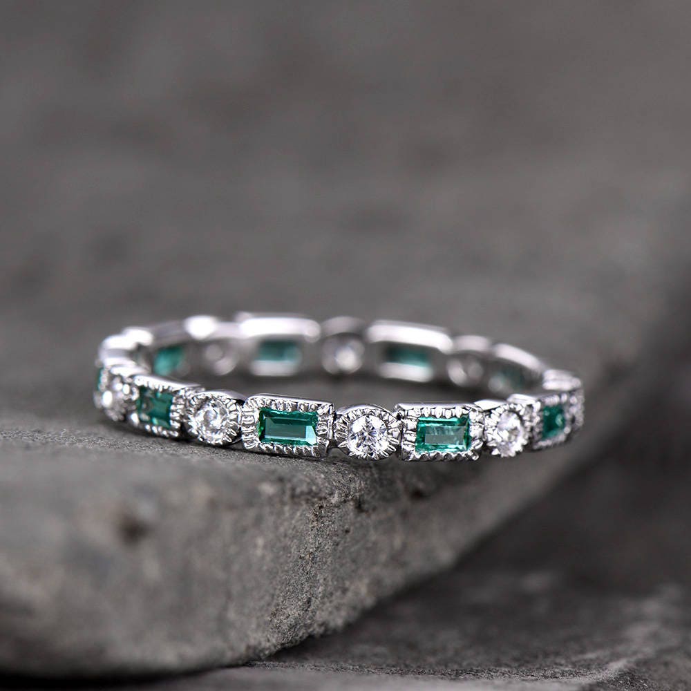 Emerald Wedding Band Art Deo Ring Eternity Baguette Emerald Wedding Band Anniversary Ring Sterling Silver Matching Band Milgrain