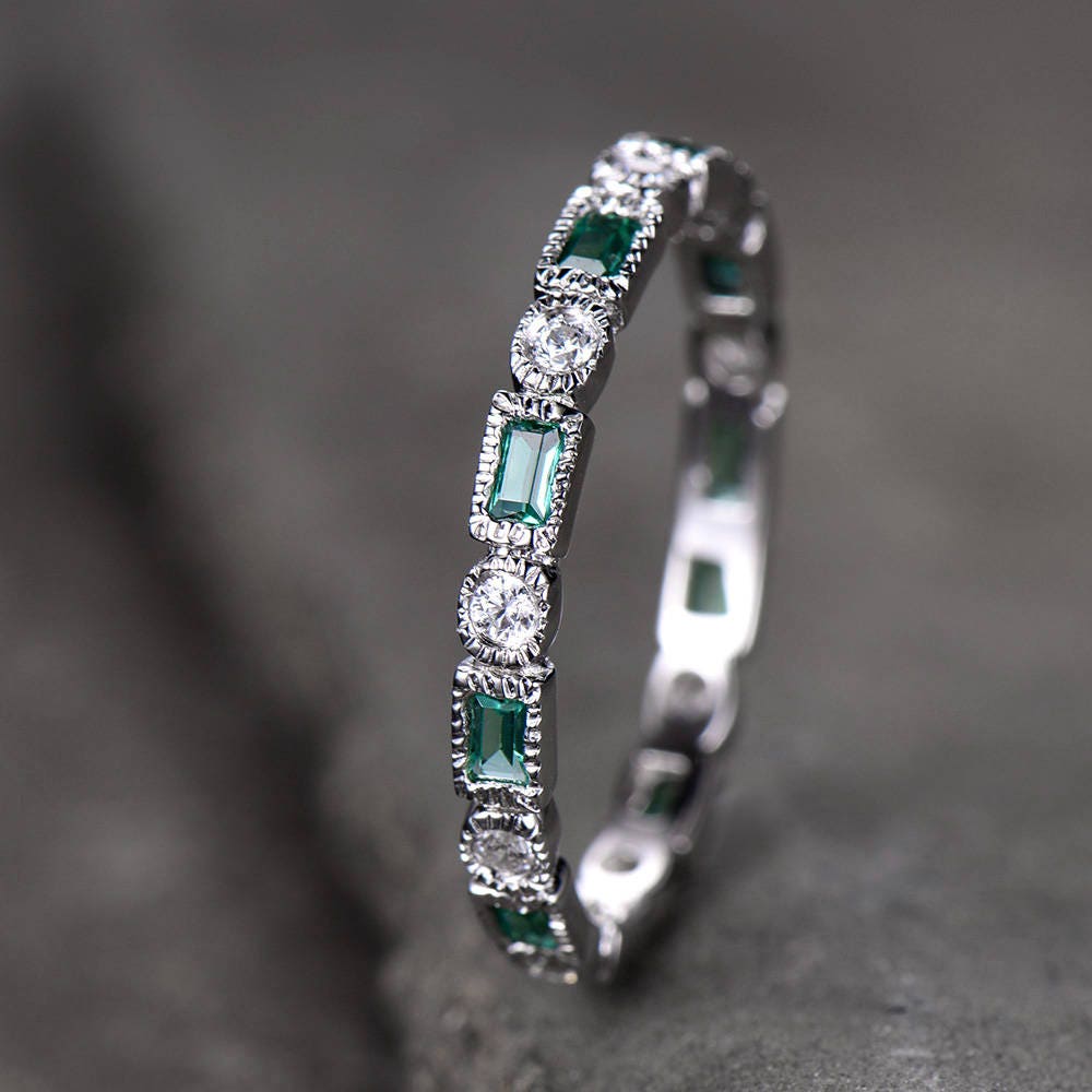 Emerald Wedding Band Art Deo Ring Eternity Baguette Emerald Wedding Band Anniversary Ring Sterling Silver Matching Band Milgrain