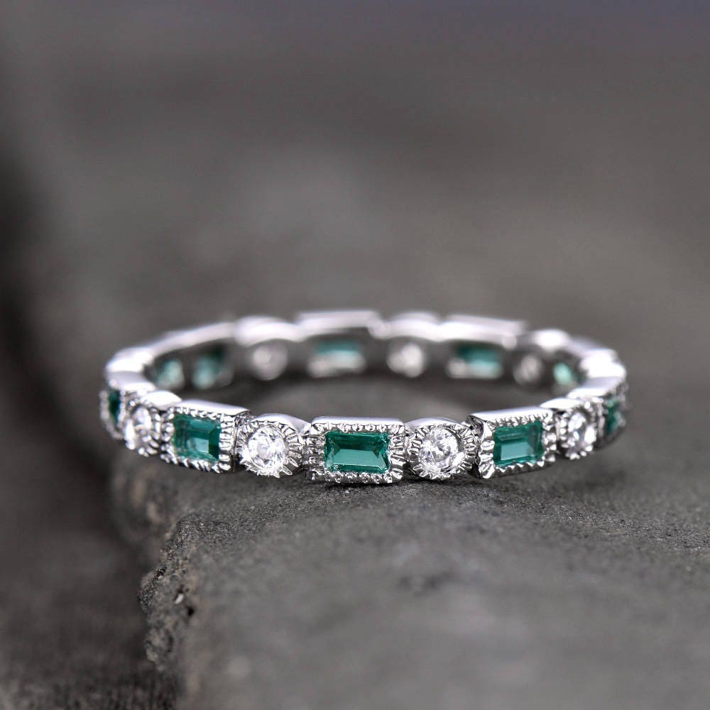Emerald Wedding Band Art Deo Ring Eternity Baguette Emerald Wedding Band Anniversary Ring Sterling Silver Matching Band Milgrain