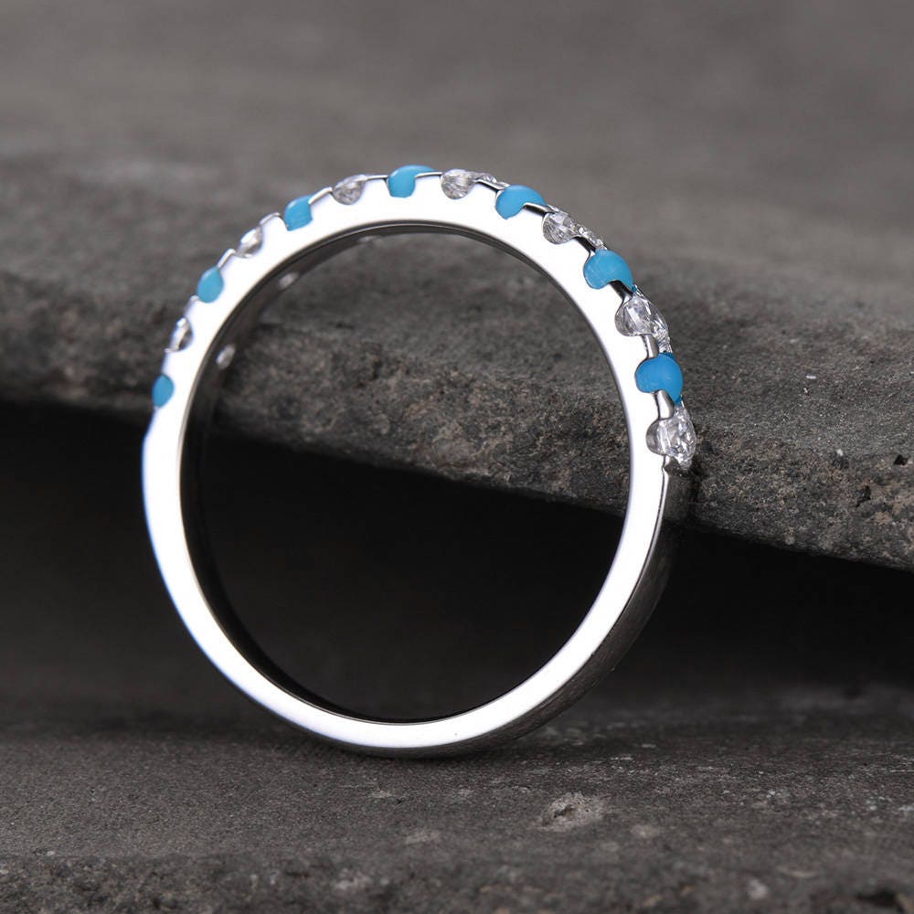 Turquoise Ring Half Eternity Wedding Band CZ Diamond Eternity Band Sterling Silver Anniversary Ring White Gold Plated Matching Band