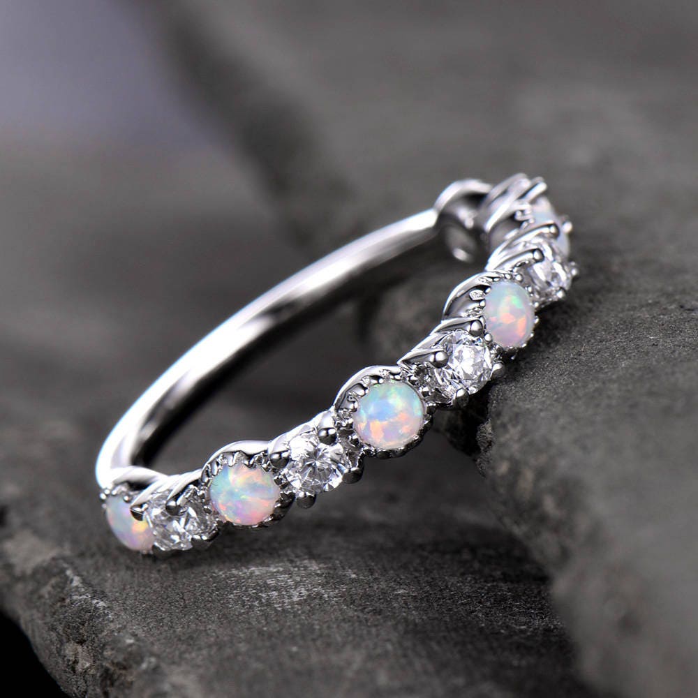 Opal Wedding Band Opal Ring White Gold Plated Sterling Silver CZ Diamond Enternity Band Anniversary Ring Matching Band