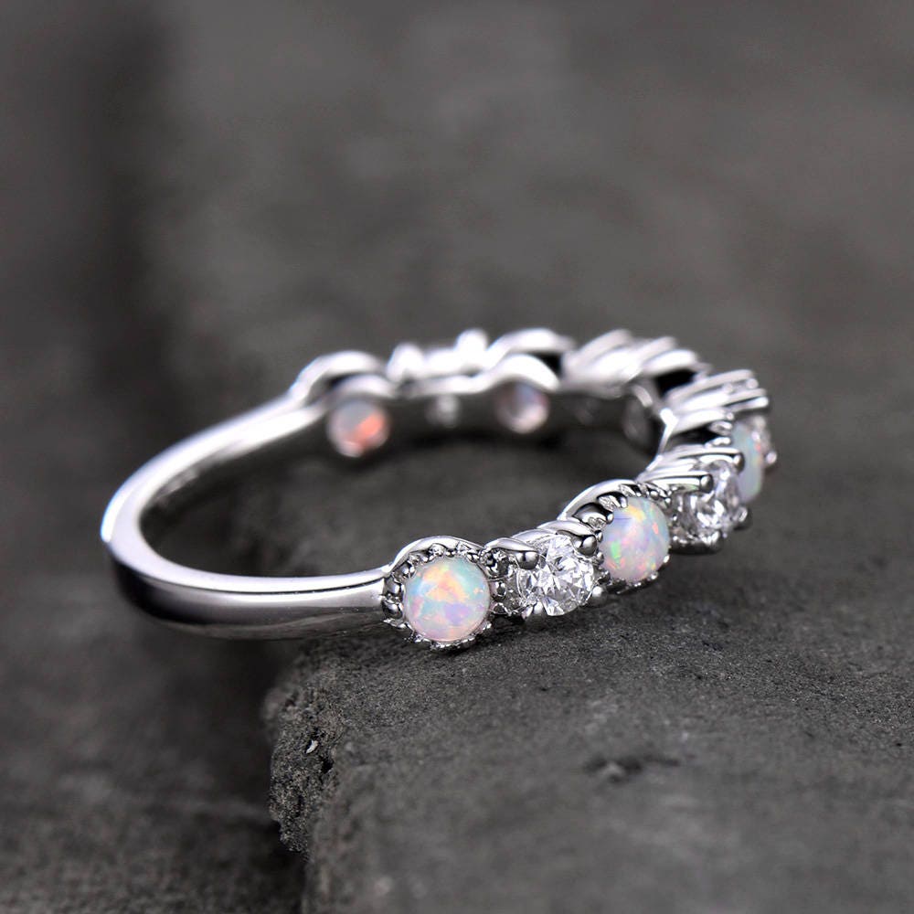 Opal Wedding Band Opal Ring White Gold Plated Sterling Silver CZ Diamond Enternity Band Anniversary Ring Matching Band