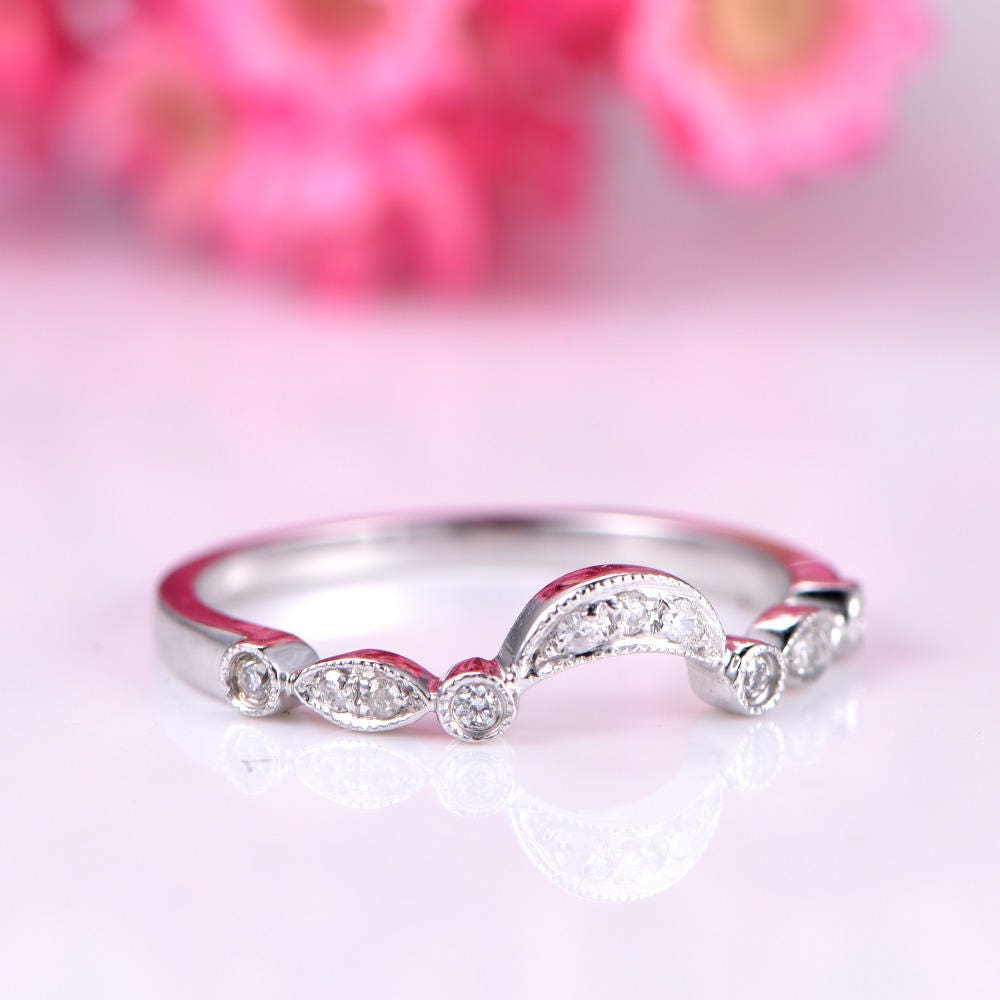 Curved diamond wedding band half eternity ring diamond matching band solid 14k white gold art deco petite ring milgrain ring customized