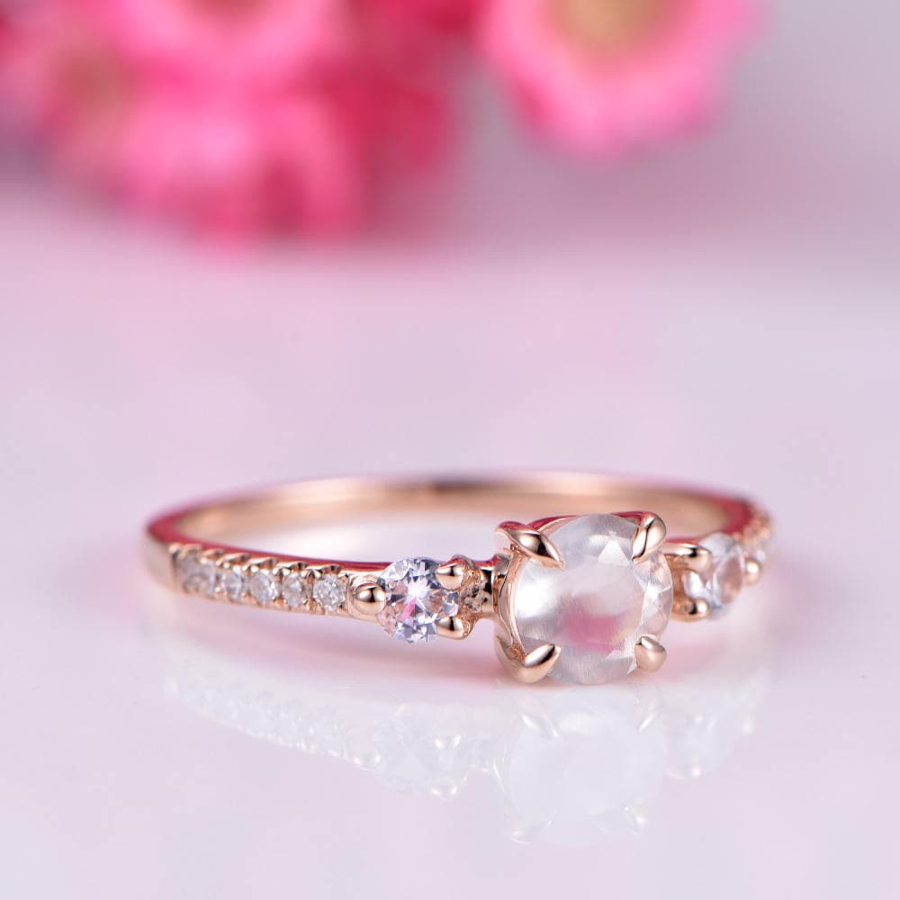 5mm round cut moonstone engagement ring Moonstone ring diamond aquamarine accent stone 14k rose gold 3 stone promise ring Christmas gift