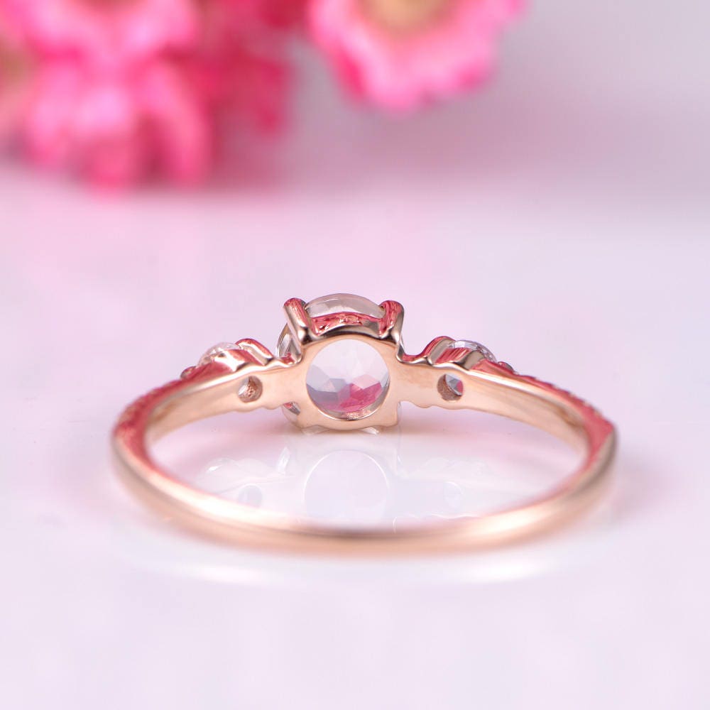 5mm round cut moonstone engagement ring Moonstone ring diamond aquamarine accent stone 14k rose gold 3 stone promise ring Christmas gift