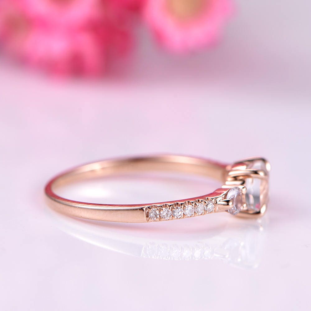5mm round cut moonstone engagement ring Moonstone ring diamond aquamarine accent stone 14k rose gold 3 stone promise ring Christmas gift