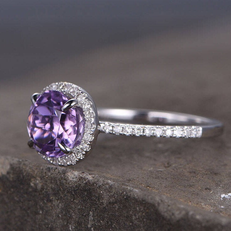 Amethyst Ring, Amethyst CZ Wedding Ring Set, Natural Round Cut Amethyst Engagement Ring, CZ Diamond Twist Band, Bridal Set, Anniversary Gift