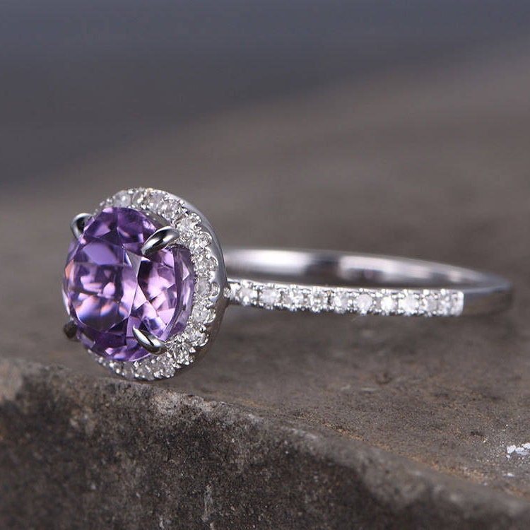 Amethyst Ring, Amethyst CZ Wedding Ring Set, Natural Round Cut Amethyst Engagement Ring, CZ Diamond Twist Band, Bridal Set, Anniversary Gift