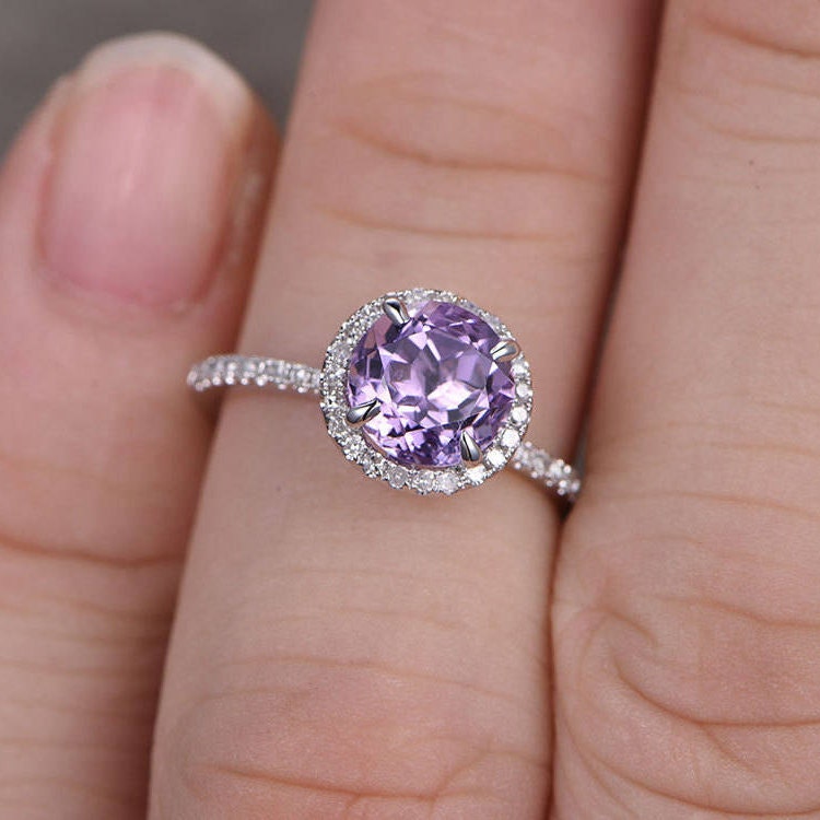 Amethyst Ring, Amethyst CZ Wedding Ring Set, Natural Round Cut Amethyst Engagement Ring, CZ Diamond Twist Band, Bridal Set, Anniversary Gift
