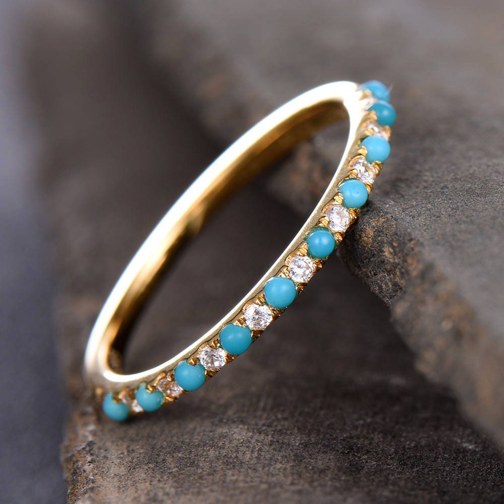 Turquoise Wedding Band Turquoise with CZ Diamonds Ring Thin Eternity Band Yellow Gold Plated Sterling Silver Anniversary Ring