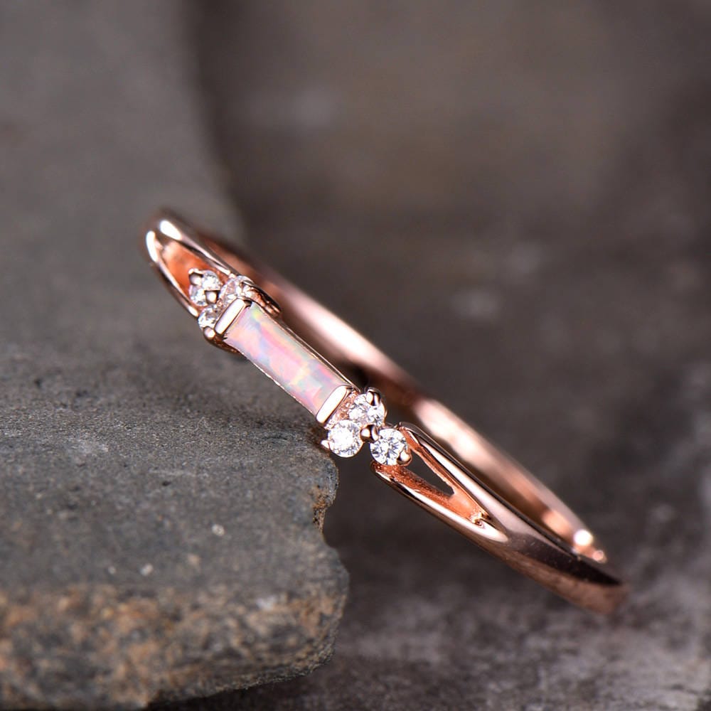 Opal Wedding Band Opal Wedding Ring with CZ Diamonds Ring Art Deco design Baguette Cut Ring 925 Sterling Silver Rose Gold Plated